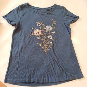 Floral Embroidery Blue Marine Cotton and Modal T-shirt